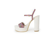 Guess women sandals white block heel with chunky heel and colorful woven strap details on platform sandal