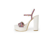 Guess women sandals white block heel with chunky heel and colorful woven strap details on platform sandal