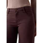Dark brown high-waisted slim fit jeans with subtle stitching details complement Guess women sexy palazzo trousers