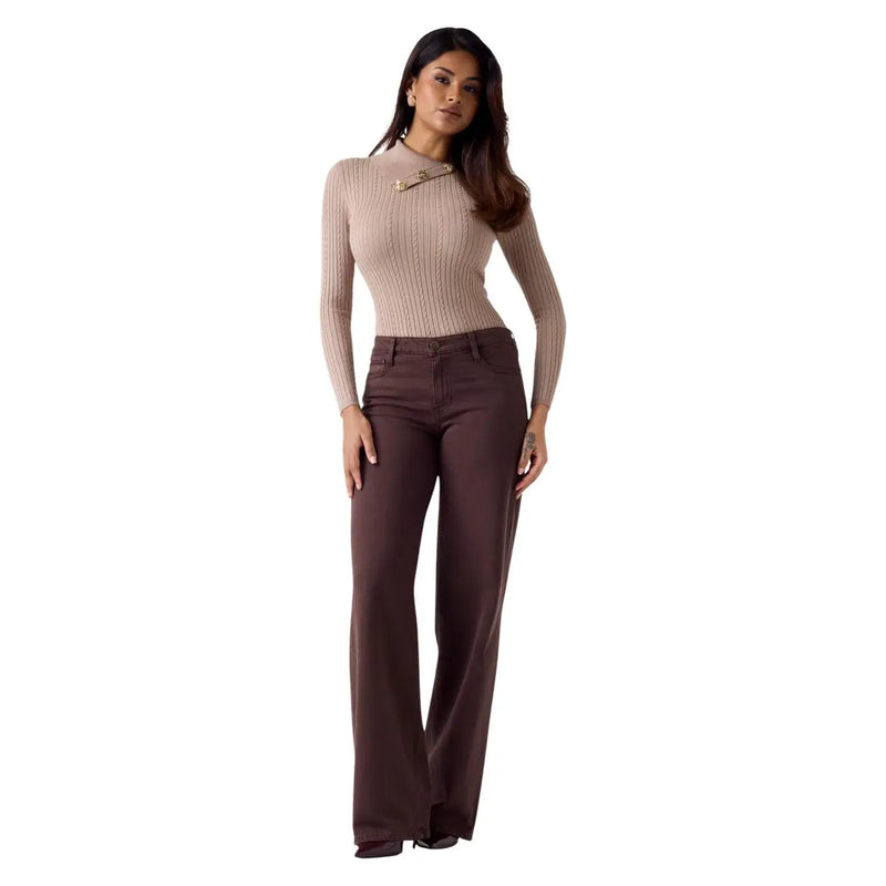 A pair of Guess women sexy palazzo high-waisted brown lyocell trousers with smooth fabric finish