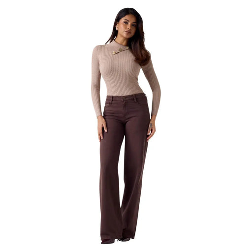 A pair of Guess women sexy palazzo high-waisted brown lyocell trousers with smooth fabric finish