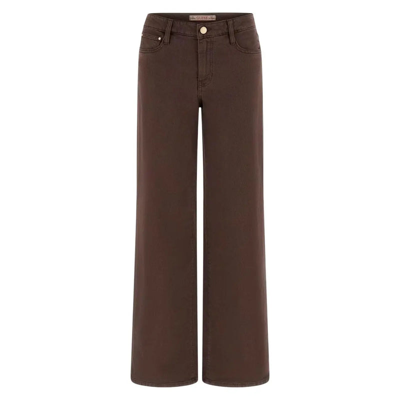 Guess women sexy palazzo brown lyocell trousers featuring wide-leg jeans with classic five-pocket design and gold-tone button closure