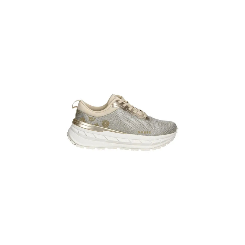 Guess women silver sneaker polyester slip with shimmering mesh, beige tongue and laces, metallic gold heel and midsole accents