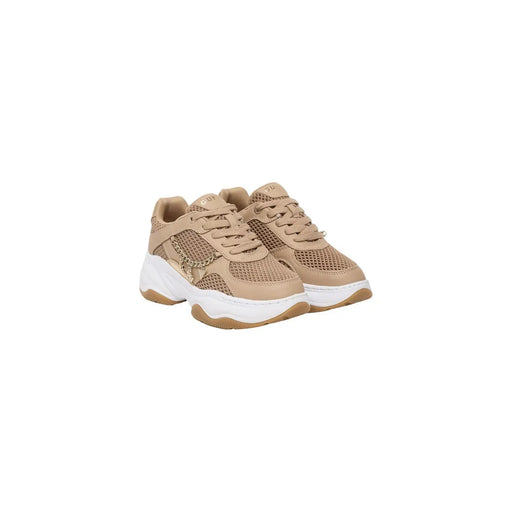 Guess Beige Damen-Sneaker zum Hineinschlüpfen aus Polyestergemisch mit beigem Mesh-Einsatz und klobiger, weiß-brauner Sohle