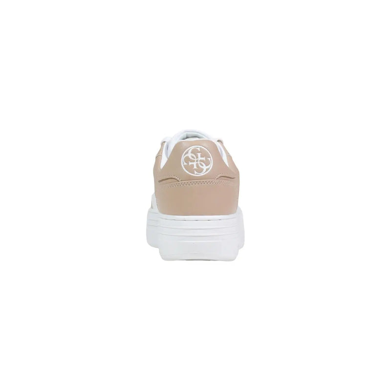 Back view of Guess women beige and white platform sneakers made of polyurethane with a circular logo on the heel