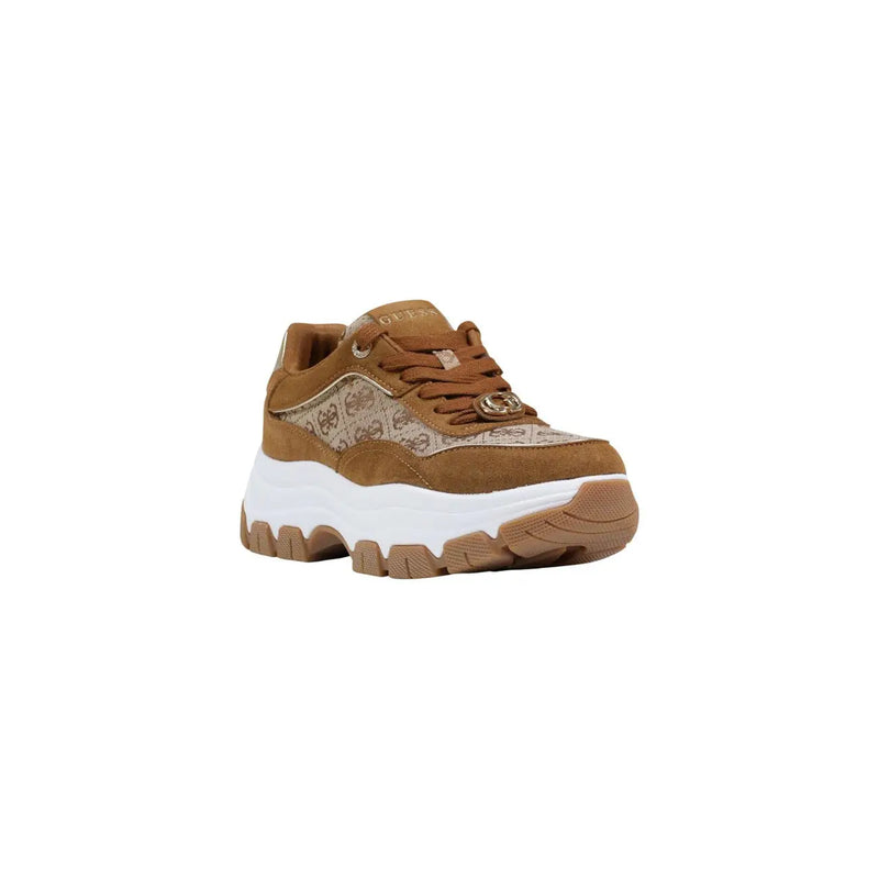 Guess women sneakers brown platform synthetic fashion shoes in tan and beige pattern with chunky white sole