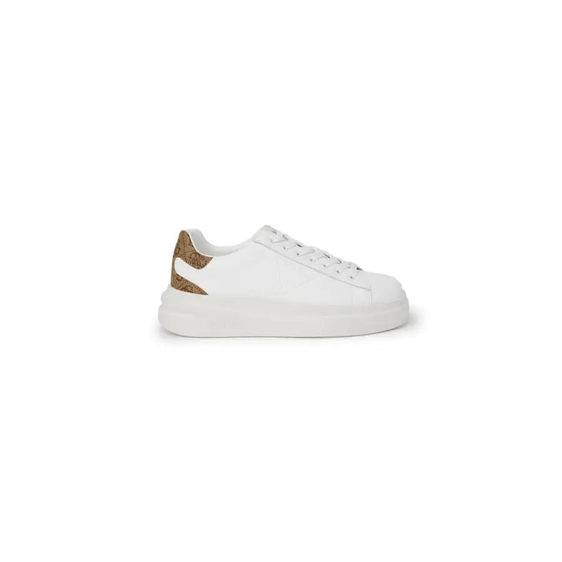 Guess women sneakers white low-top with laces featuring a textured gold heel tab and chunky white sole fall winter use
