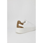 White leather Guess women sneaker with laces featuring a brown patterned heel tab and thick white sole fall winter collection