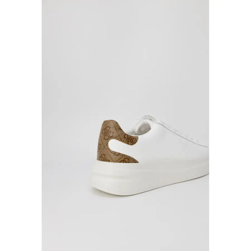 White leather Guess women sneaker with laces featuring a brown patterned heel tab and thick white sole fall winter collection
