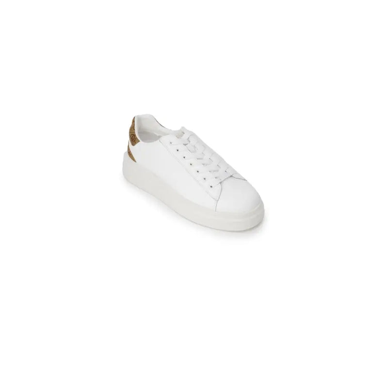 Guess women white leather sneakers with chunky sole and gold glitter heel accent fall winter collection back view
