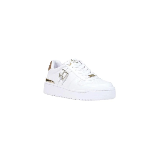 Guess Weiße Damen-Sneaker aus Polyurethan mit Schnürung, Plateausohle und glänzendem Metallic-Gold-Finish