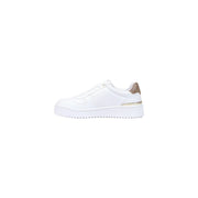 Guess women white polyurethane platform sneaker with tan patterned heel tab and gold-tone metallic midsole accent