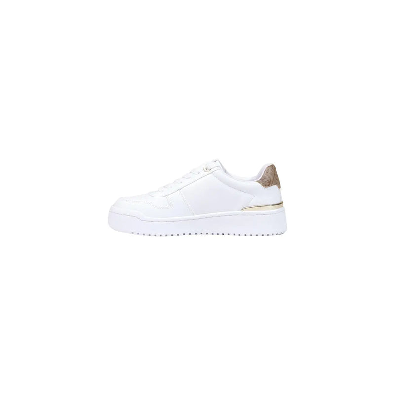 Guess women white polyurethane platform sneaker with tan patterned heel tab and gold-tone metallic midsole accent