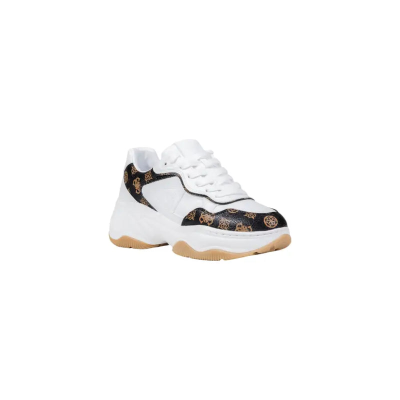 Guess women sporty white slip on chunky sneakers with black accents and gold toned logo detailing on side panels