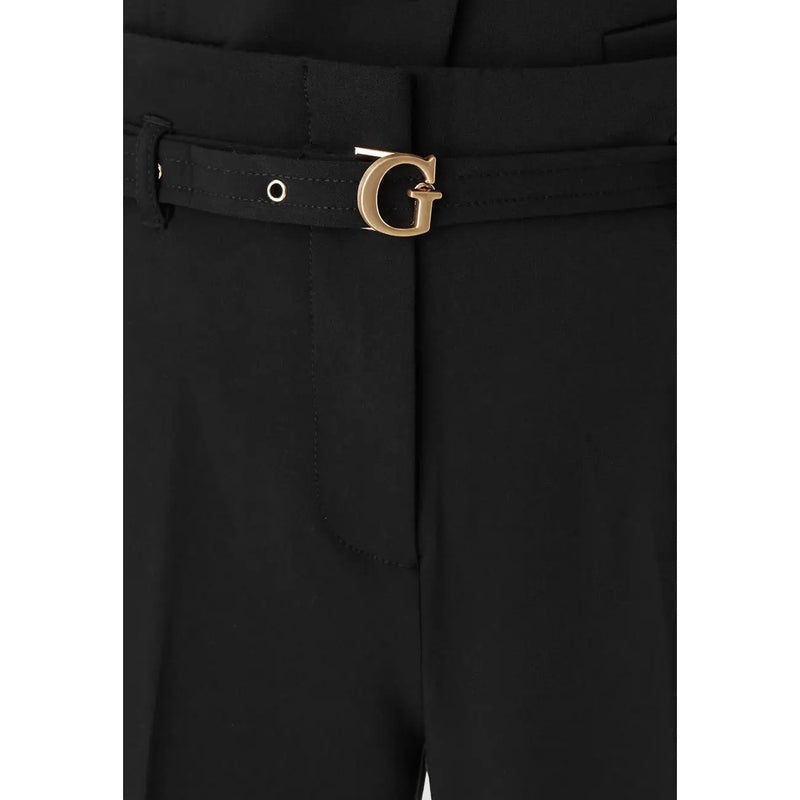 Black guess women structured crepe belted trousers with black belt featuring a gold toned g buckle