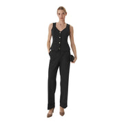 Black sleeveless button-up vest with v-neckline and tailored fit paired with guess women structured crepe belted trousers