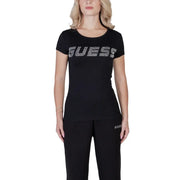 Black guess women t-shirt made of cotton lycra with sparkling silver lettering on the chest and round neck design