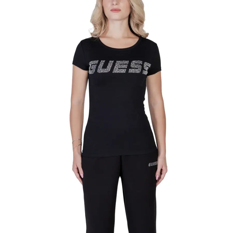 Black guess women t-shirt made of cotton lycra with sparkling silver lettering on the chest and round neck design