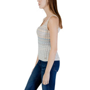 Guess women beige knitted tank top with subtle blue and beige stripes made of viscose sleeveless round neck design