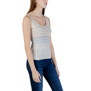 Guess women beige sleeveless tank top with round neck, knitted viscose fabric, featuring off-white and light blue pattern
