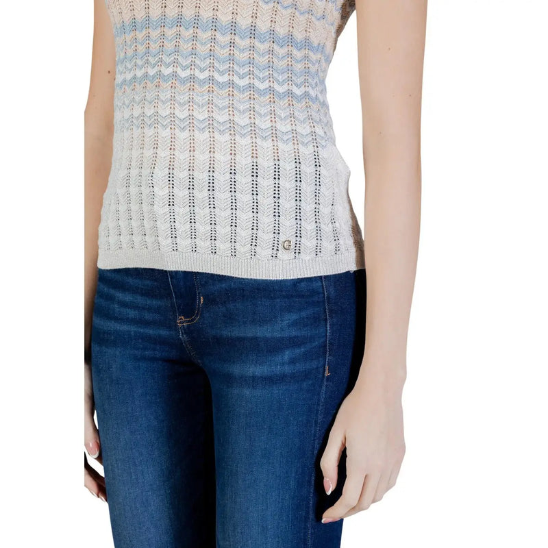 Guess women sleeveless knit tank top in beige with a blue and cream gradient textured viscose fabric
