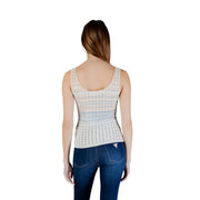 Guess women tank top in beige and light blue striped viscose knit with scoop neckline and sleeveless design