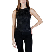 Guess women tank top beige sleeveless round neck with subtle white dot embellishments and high neckline in black