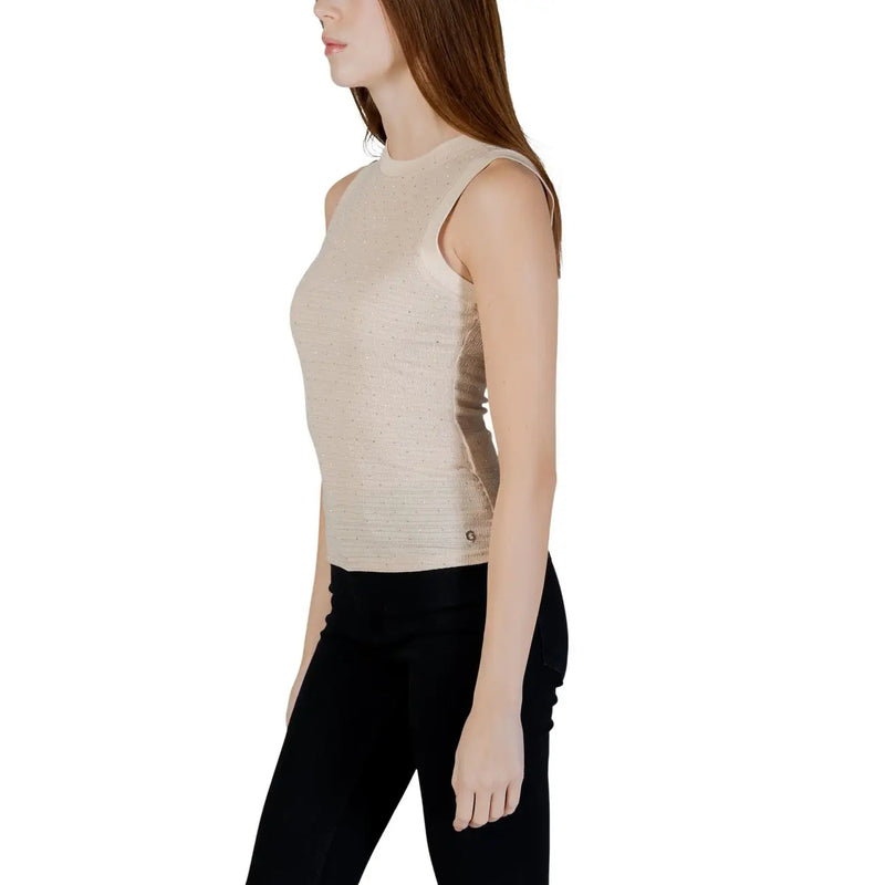 Guess women tank top beige sleeveless knit with subtle texture and small logo on lower right side round neck W6GP14