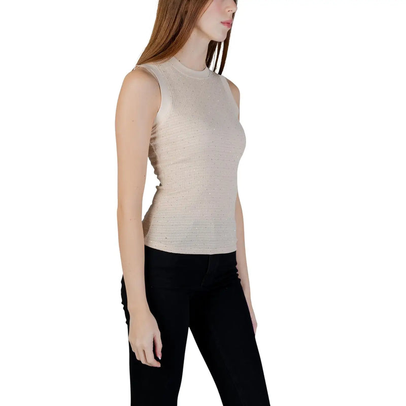 Beige sleeveless knit top by Guess for women with a subtle textured pattern and round neckline model W6GP14