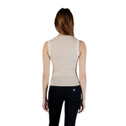 Beige ribbed knit sleeveless tank top with fitted silhouette and round neck by guess women W6GP14