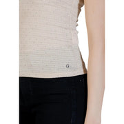 Guess women tank top beige sleeveless round neck with textured fabric shimmer dots and silver g logo at hem