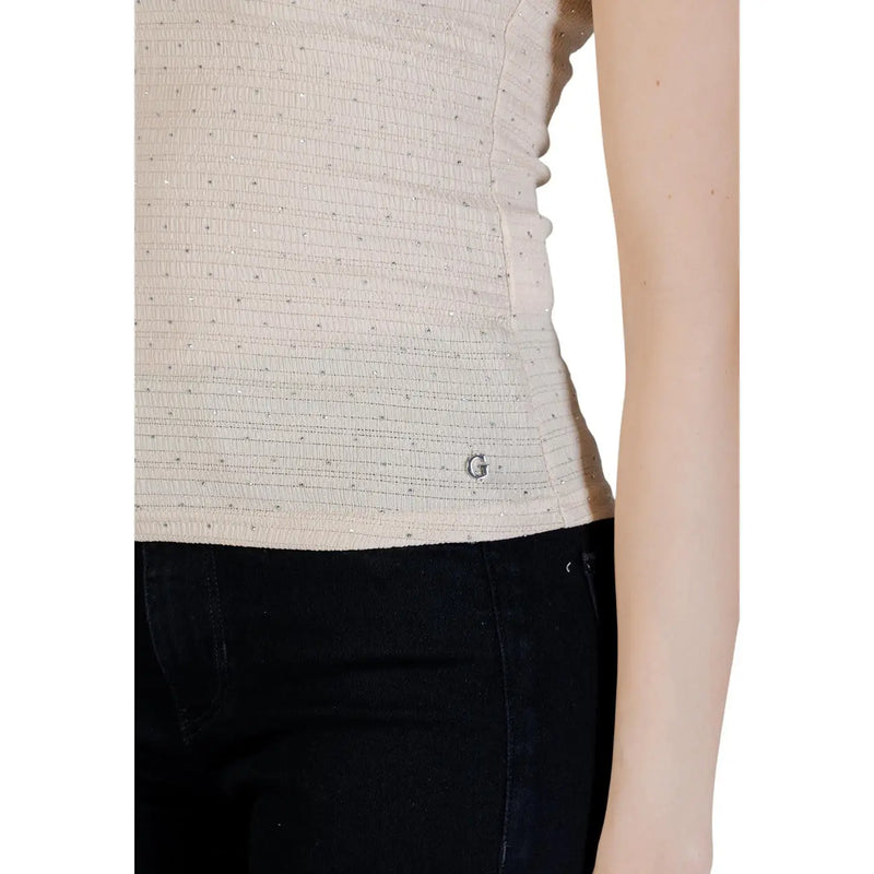 Guess women tank top beige sleeveless round neck with textured fabric shimmer dots and silver g logo at hem