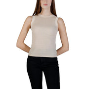 Guess women tank top beige sleeveless round neck with subtle shimmer and ribbed texture for casual wear