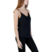 Black satin Guess women tank top with v neck and delicate chain polyester straps for elegant wear