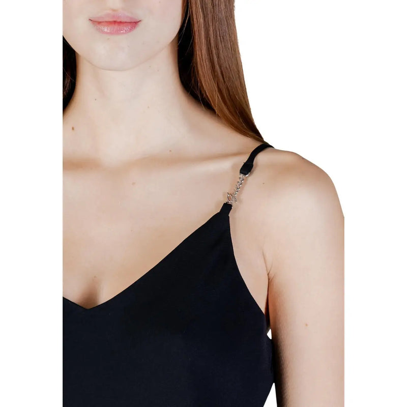 Black satin Guess women tank top with silver chain charm detail and spaghetti straps made of polyester