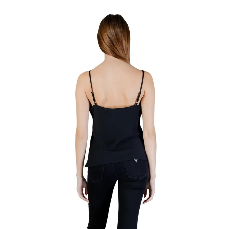 Back view of guess women tank top black v neck straps polyester with subtle v shaped hemline and embroidered logo