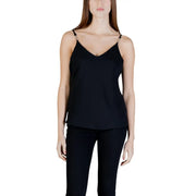 Guess women black satin tank top with v neck thin straps made of polyester for stylish casual wear