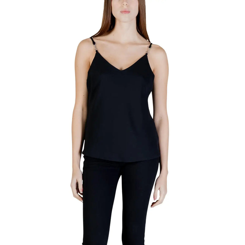 Guess women black satin tank top with v neck thin straps made of polyester for stylish casual wear