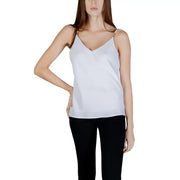 White satin Guess women tank top with delicate silver chain straps polyester fabric and black v neck design