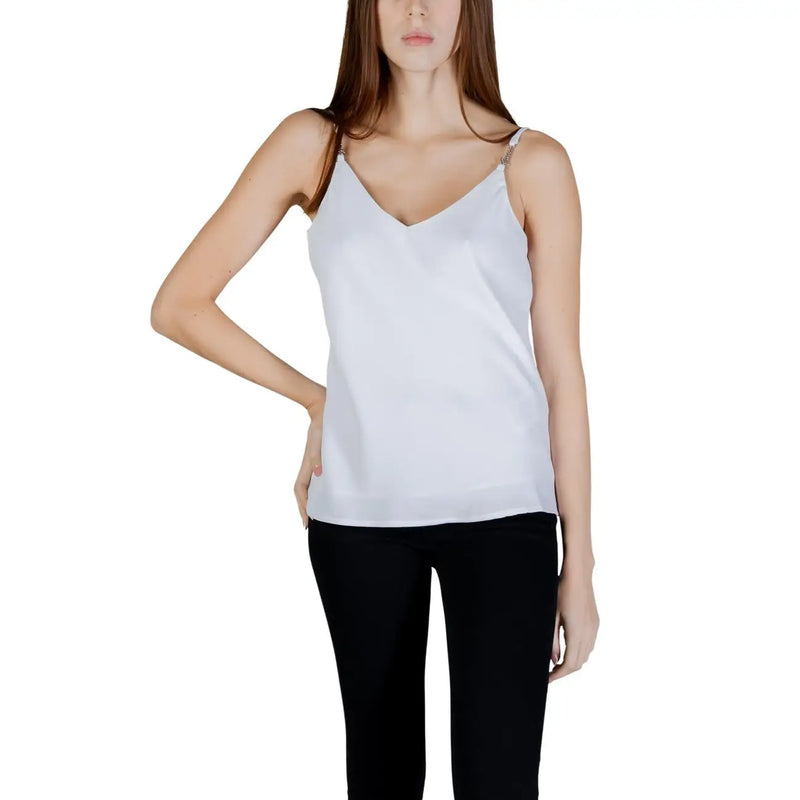 White satin Guess women tank top with delicate silver chain straps polyester fabric and black v neck design