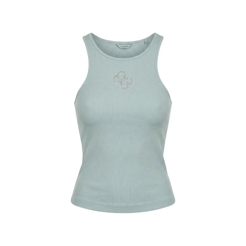Guess women tank top in light mint green ribbed polyester with a sparkling logo on the chest and round neckline
