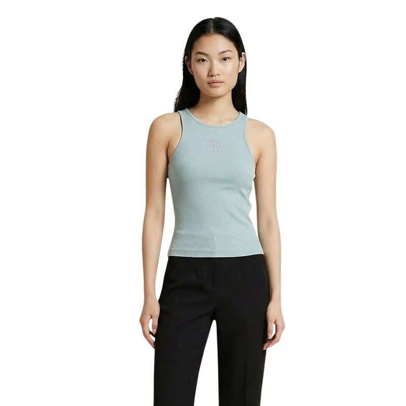 Guess women light blue ribbed polyester tank top with sleeveless design round neck and small chest logo embroidery