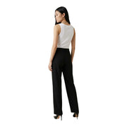 Black high-waisted wide-leg trousers paired with guess women white round neck sleeveless cotton tank top