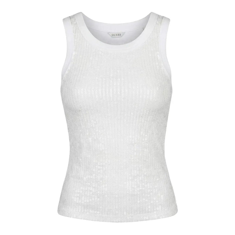 White sequined sleeveless cotton tank top by Guess with a round neck for women