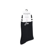 Black ribbed socks with white stripes and silver embroidered guess logo paired with women underwear pink cotton blend briefs