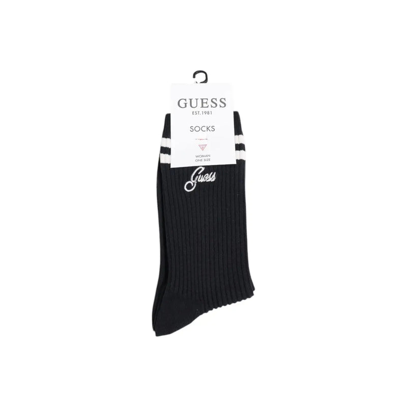 Black ribbed socks with white stripes and silver embroidered guess logo paired with women underwear pink cotton blend briefs