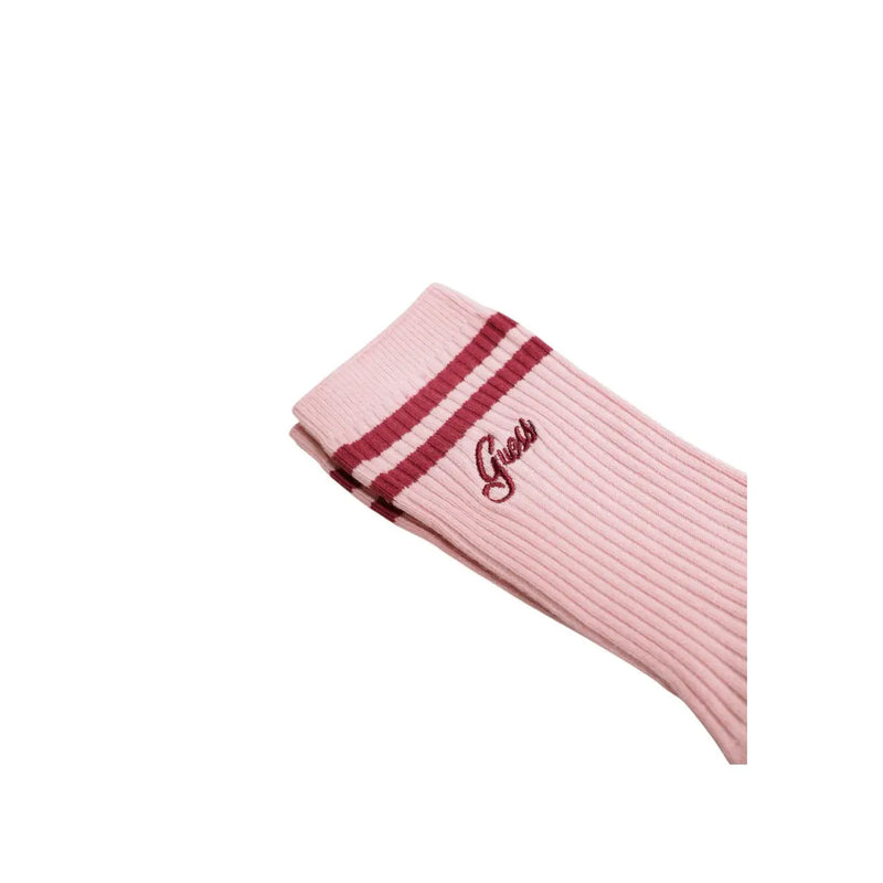 Pink ribbed cotton blend sock with two maroon stripes and matching embroidered guess logo for women