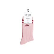 Pink ribbed cotton blend socks with maroon stripes and matching embroidered Guess logo for women