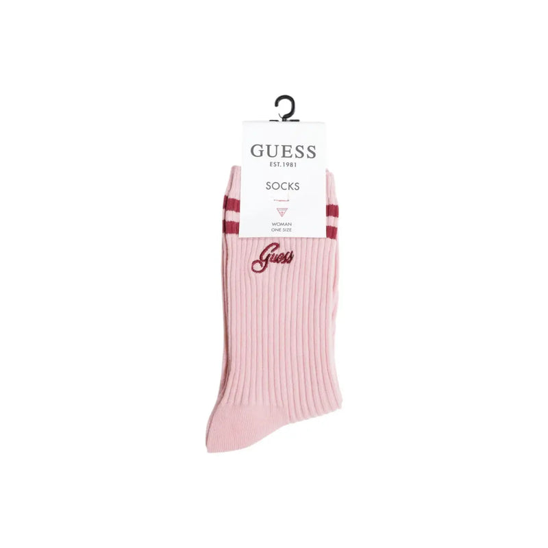 Pink ribbed cotton blend socks with maroon stripes and matching embroidered Guess logo for women