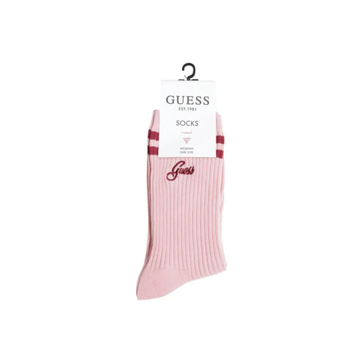 Pink ribbed cotton blend socks with maroon stripes and matching embroidered Guess logo for women